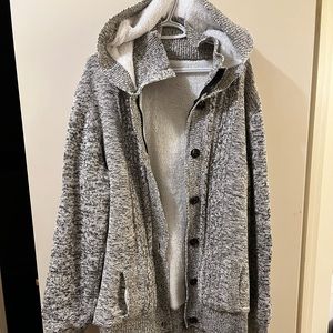 Fall sweater with hood Very comfortable with zipper and buttons.